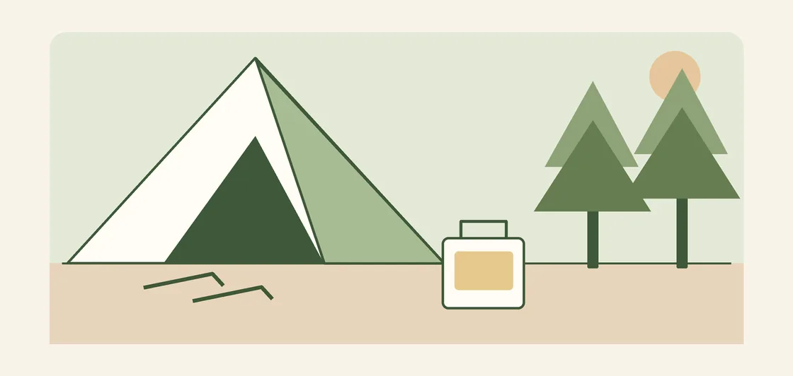 Original illustration of a tent, camping lantern, ground pegs, and trees in an open landscape.