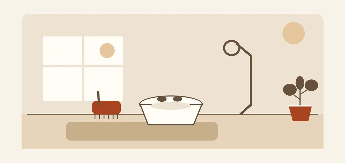 Original illustration of a pet-care corner with a bowl, leash, grooming brush, and folded mat.