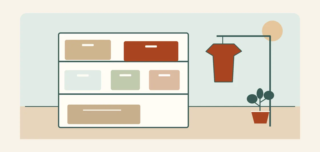 Original illustration of organized shelves, storage boxes, hanging clothes, and a plant.