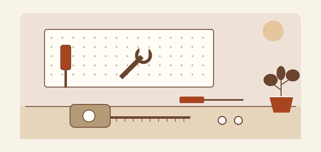 Original illustration of a workbench with a measuring tape, screwdriver, wrench, and fasteners.